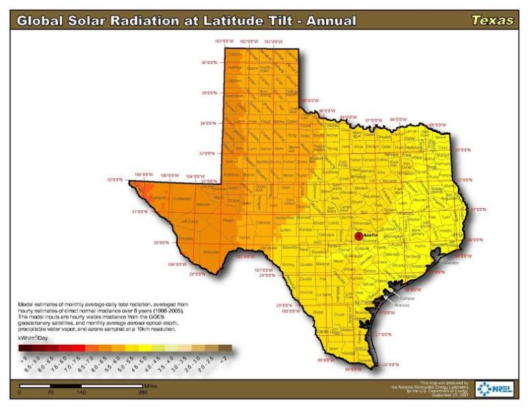 Texas map showing the amount of sun different areas get on a regular basis.